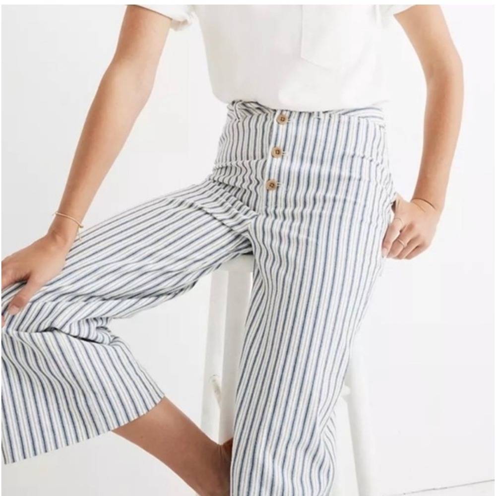 Madewell Slim Emmett Wide-Leg Crop Pants Striped Cream Blue Button Fly 25